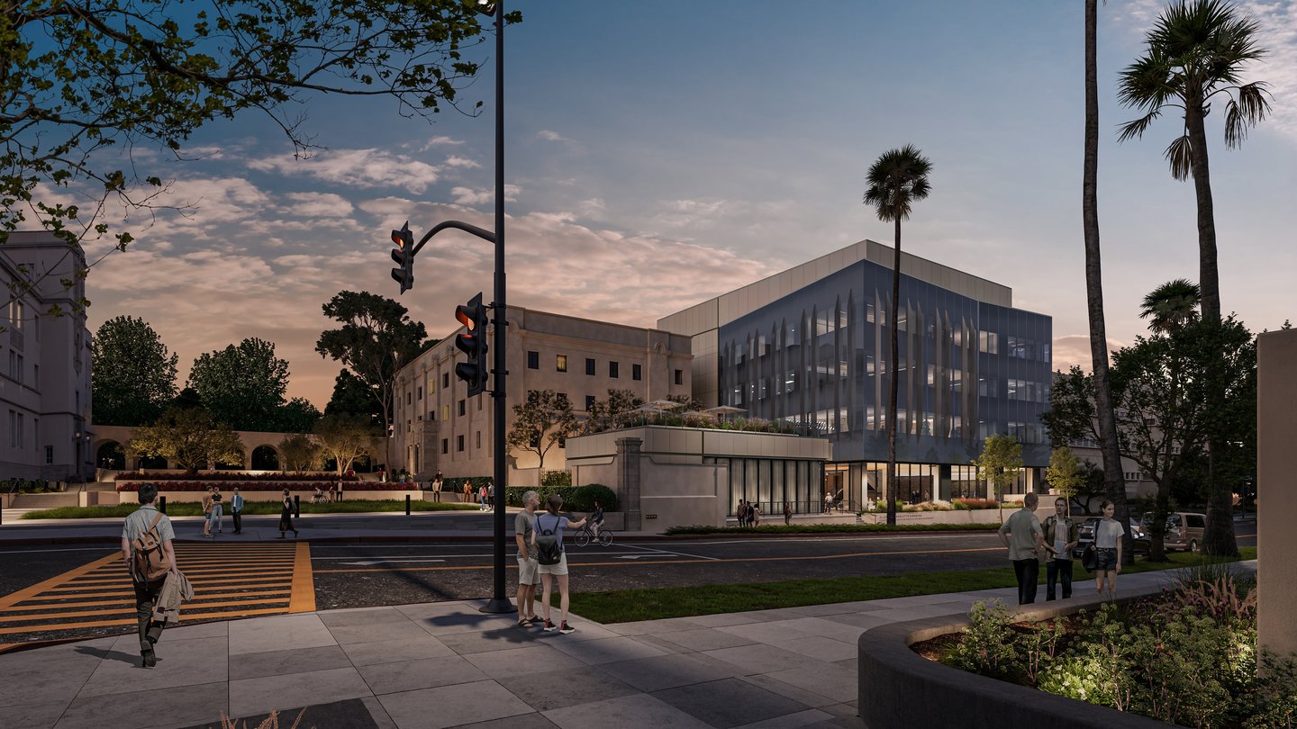 Dusk view of the Ginsburg Center from across California Boulevard