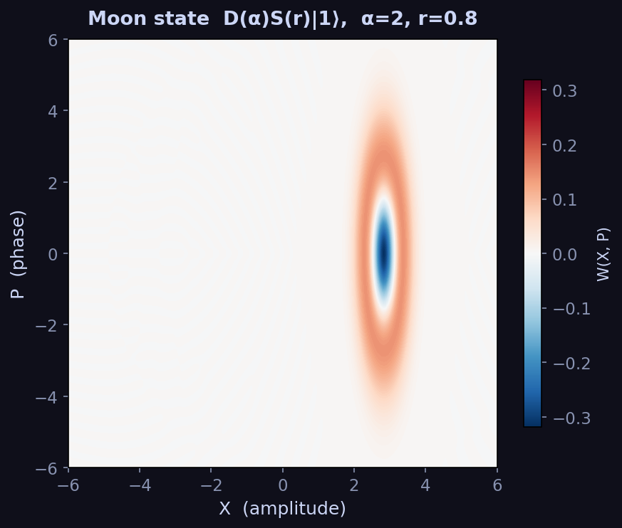 Wigner function of a moon state (displaced squeezed Fock state)